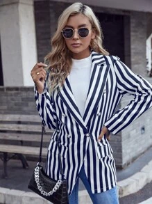 Blazer de rayas de cuello con solapa con botones - Azul y blanco - Ver 4