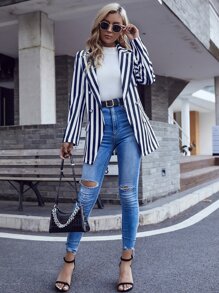 Blazer de rayas de cuello con solapa con botones - Azul y blanco - Ver 6