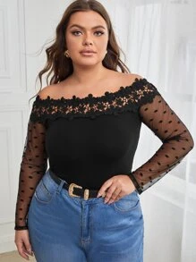 SHEIN 大碼一字肩提花蕾絲細節透視網紗袖上衣 - 黑色 - 查看 1