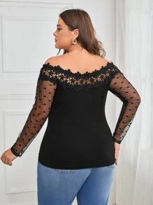 SHEIN 大碼一字肩提花蕾絲細節透視網紗袖上衣 - 黑色 - 查看 2