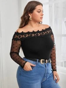 SHEIN 大碼一字肩提花蕾絲細節透視網紗袖上衣 - 黑色 - 查看 3
