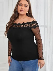 SHEIN 大碼一字肩提花蕾絲細節透視網紗袖上衣 - 黑色 - 查看 4