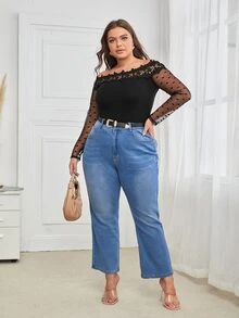 SHEIN 大碼一字肩提花蕾絲細節透視網紗袖上衣 - 黑色 - 查看 5