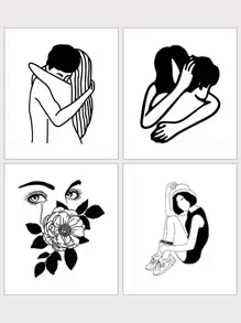 4張/套情侶小圖案組合臨時紋身貼 - 黑色 - 查看 1