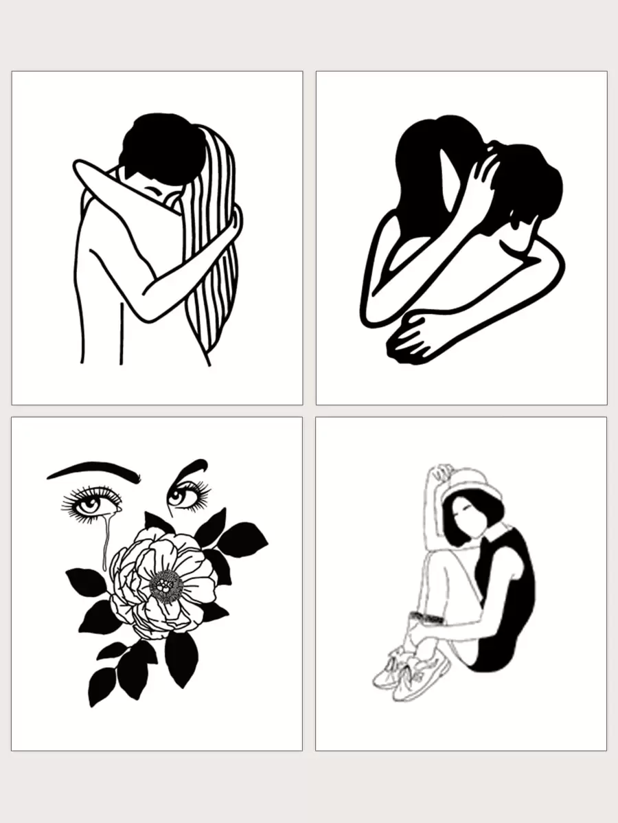 4張/套情侶小圖案組合臨時紋身貼 - 黑色 - 查看 1