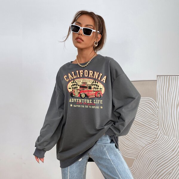 

Oversized Car And Slogan Print Drop Shoulder Sweatshirt, Dark grey