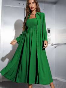 Mulvari Shirred Cami Dress & Open Front Coat Abayas - Dark Green - View 1