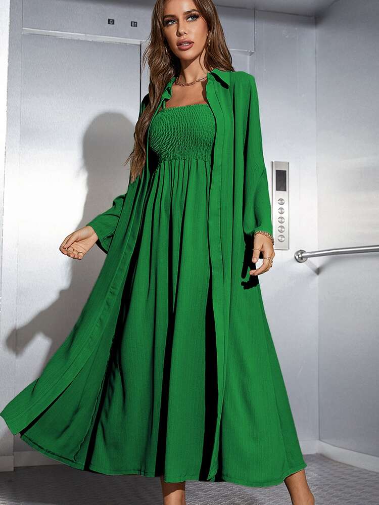 Mulvari Shirred Cami Dress & Open Front Coat Abayas - Dark Green - View 1