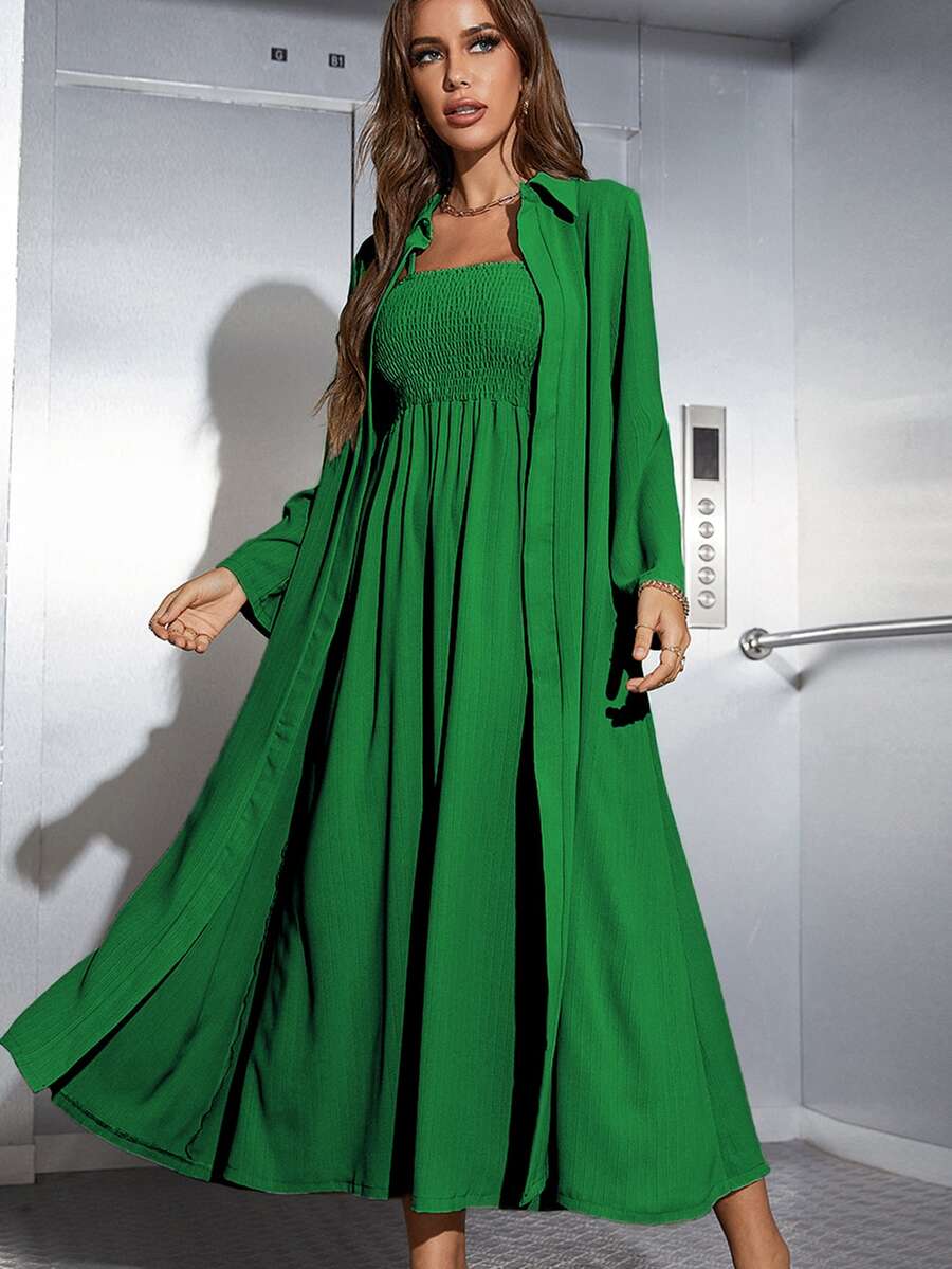 Mulvari Shirred Cami Dress & Open Front Coat Abayas - Dark Green - View 1