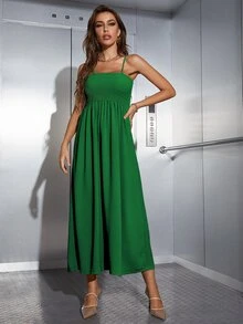 Mulvari Shirred Cami Dress & Open Front Coat Abayas - Dark Green - View 4