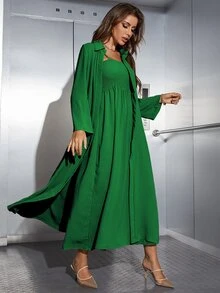 Mulvari Shirred Cami Dress & Open Front Coat Abayas - Dark Green - View 5
