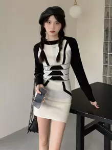 拼接插肩袖緊身毛衣裙 - 黑與白 - 查看 1