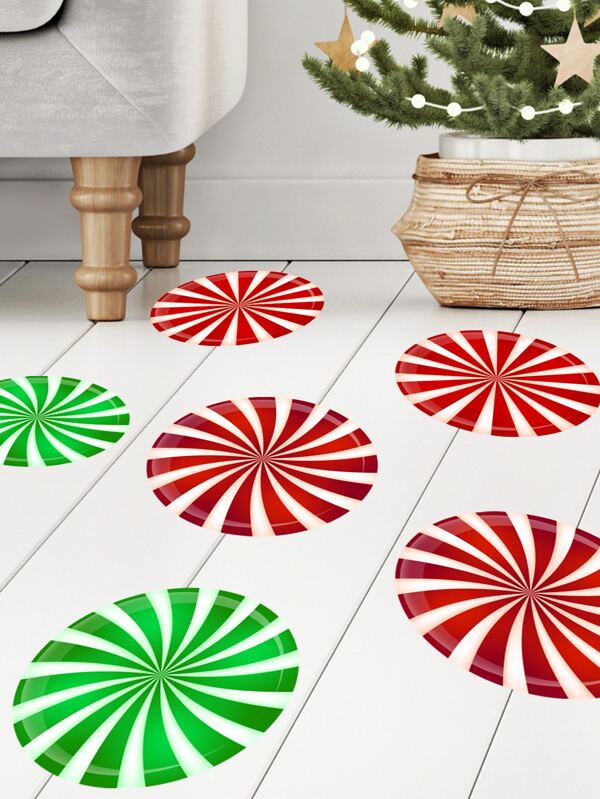 6pcs Christmas Candy Print Floor Sticker, Stickers, Wall Decal, Vinyl Decal For Home Decorations, Spring Decoration Items Refresh Your Home, Rama Decoration Stickers Christmas Decorations Room Decor