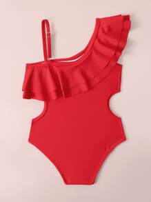 小女孩荷葉邊不對稱單肩連體泳衣