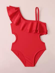小女孩荷葉邊不對稱單肩連體泳衣
