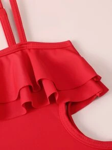 小女孩荷葉邊不對稱單肩連體泳衣