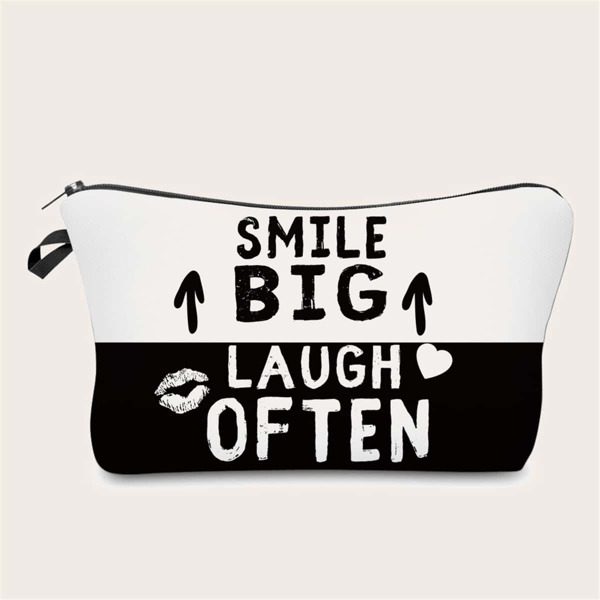 

Slogan Graphic Zipper Makeup Bag, Black and white