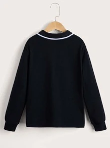 SHEIN Leap Crew Tween Boy Horse Embroidery Contrast Trim Polo Shirt - Black - View 2