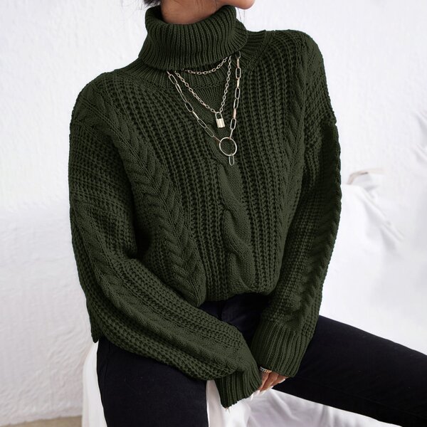 

Cable Knit Turtle Neck Sweater, Dark green