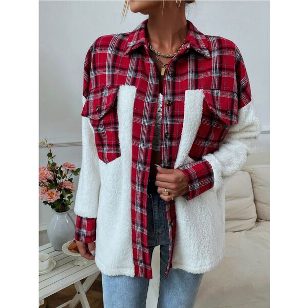 

Plaid Flap Pockets Single Breasted Teddy Coat, Multicolor