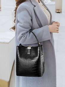 Yogodlns 大容量、轻便、便携、时尚迷你鳄鱼压纹顶部手柄水桶包鳄鱼压纹水桶包，人造皮革单肩包女士斜挎包，母亲节礼物送给妈妈，适合女孩、女士、大学生、新秀和白领，适合秋冬必备，适合通勤、大学，适合秋冬女士钱包复古鳄鱼皮水桶包女士鳄鱼纹手提包容量鳄鱼皮单肩斜挎包女士 PU 钱包，商务休闲女包，非常适合办公室、商务和工作