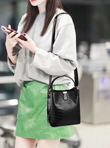 Yogodlns 大容量、轻便、便携、时尚迷你鳄鱼压纹顶部手柄水桶包鳄鱼压纹水桶包，人造皮革单肩包女士斜挎包，母亲节礼物送给妈妈，适合女孩、女士、大学生、新秀和白领，适合秋冬必备，适合通勤、大学，适合秋冬女士钱包复古鳄鱼皮水桶包女士鳄鱼纹手提包容量鳄鱼皮单肩斜挎包女士 PU 钱包，商务休闲女包，非常适合办公室、商务和工作