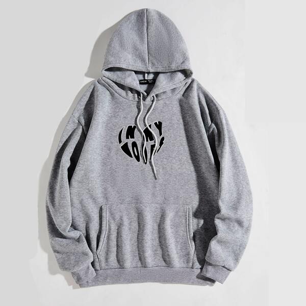 

Letter Graphic Thermal Lined Drawstring Hooded Sweatshirt, Grey