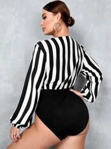 SHEIN Clasi Áo liền quần chặt Kích thước lớn Trọn gói Sọc Thanh lịch - Đen và trắng - Xem 2