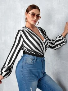 SHEIN Clasi Áo liền quần chặt Kích thước lớn Trọn gói Sọc Thanh lịch - Đen và trắng - Xem 3