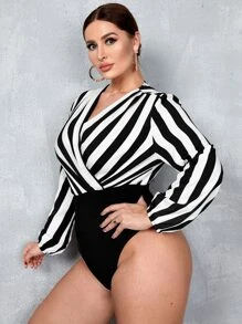 SHEIN Clasi Áo liền quần chặt Kích thước lớn Trọn gói Sọc Thanh lịch - Đen và trắng - Xem 5