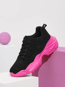 Knit Design Lace-up Chunky Sneakers - Black - View 13