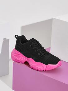 Knit Design Lace-up Chunky Sneakers - Black - View 12