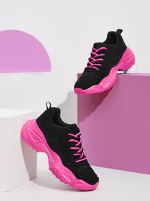 Knit Design Lace-up Chunky Sneakers - Black - View 11