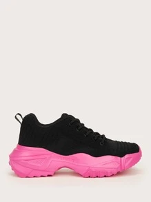 Knit Design Lace-up Chunky Sneakers - Black - View 4