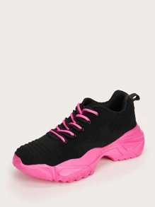 Knit Design Lace-up Chunky Sneakers - Black - View 6