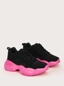 Knit Design Lace-up Chunky Sneakers - Black - View 7