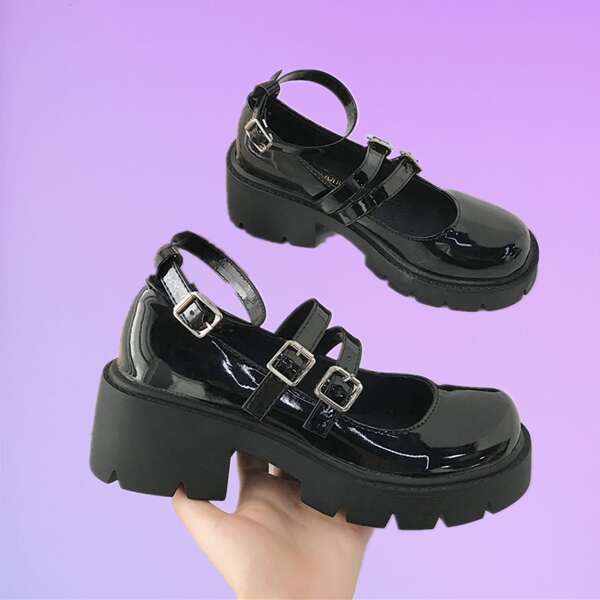 

Chunky Heeled Ankle Strap Platform Pumps, Black