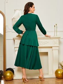SHEIN Lantern Sleeve Two Layer Hem Belted Dress - Green - View 2