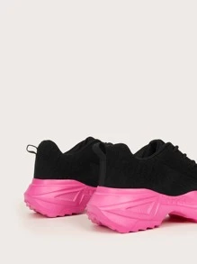 Knit Design Lace-up Chunky Sneakers - Black - View 8