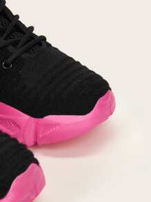 Knit Design Lace-up Chunky Sneakers - Black - View 5