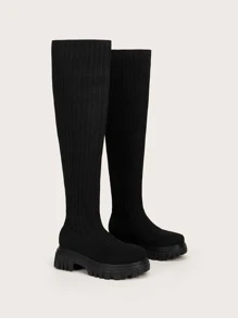 CUCCOO BASICS Women Shoes Minimalist Knit Detail Thick Sole Black Over Knee Boots Vacation Shoes Summer Back To School Shoes College Student Shoes Spring Shoes Spring Break Easter