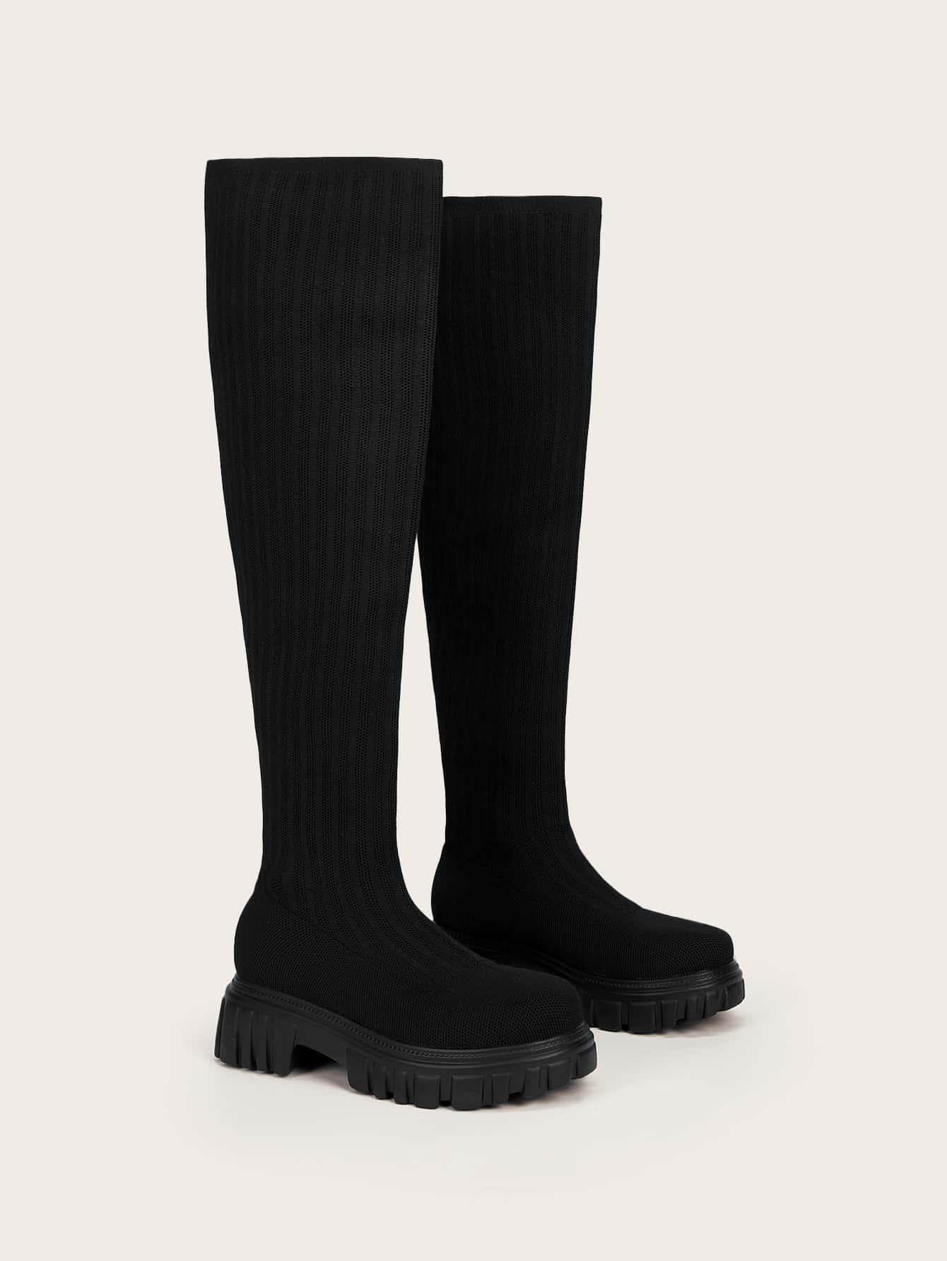 CUCCOO BASICS Women Shoes Minimalist Knit Detail Thick Sole Black Over Knee Boots Vacation Shoes Summer Back To School Shoes College Student Shoes Spring Shoes Spring Break Easter