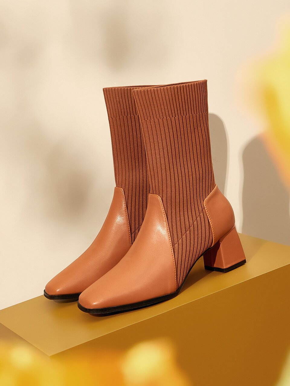 CUCCOO BASICS Women Shoes Minimalist Panel Detail Square Toe Elengant Knit Brown Sock Boots