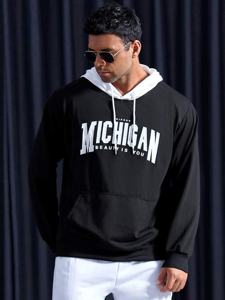 Men Slogan Graphic Colorblock Kangaroo Pocket Drawstring Hoodie | SHEIN ASIA