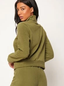SHEIN BASICS Half Zip Fleece Sweatshirt - Army Green - View 2