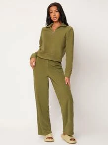 SHEIN BASICS Half Zip Fleece Sweatshirt - Army Green - View 3