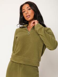 SHEIN BASICS Half Zip Fleece Sweatshirt - Army Green - View 4