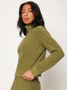 SHEIN BASICS Half Zip Fleece Sweatshirt - Army Green - View 5
