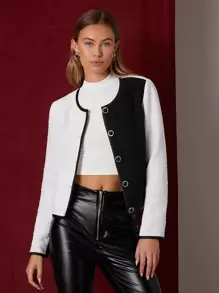 SHEIN Unity Color Block Contrast Binding Tweed Overcoat - Black and White - View 3