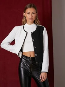 SHEIN Unity Color Block Contrast Binding Tweed Overcoat - Black and White - View 5